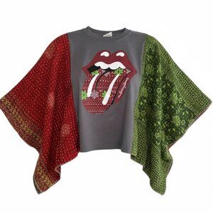 Upcycled Rolling Stones Holiday Kantha Poncho Top (Free Size up to 2XL)